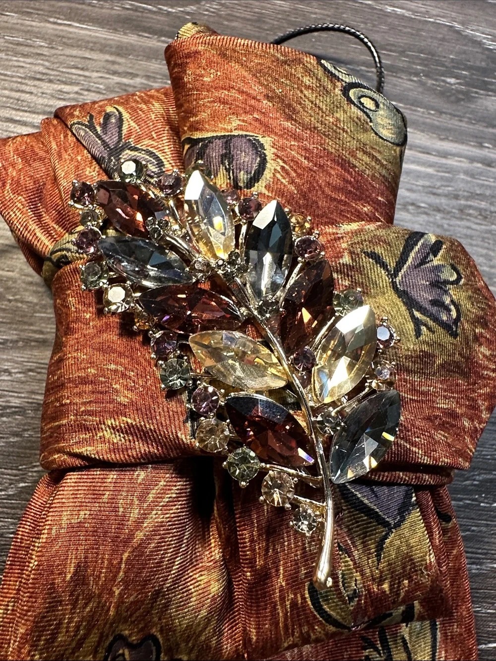 Lands' End Rust Orange Butterfly Necklace Tie with Crystal Leaf Brooch